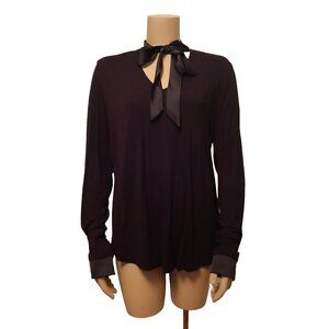 LORD & TAYLOR Classic Black V-neck Long Sleeve Blouse w Satin Neck Tie - Size L